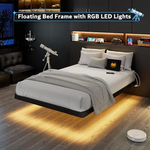 Twin Size Floating Bed Frame with Charging Station and Led Light view 3