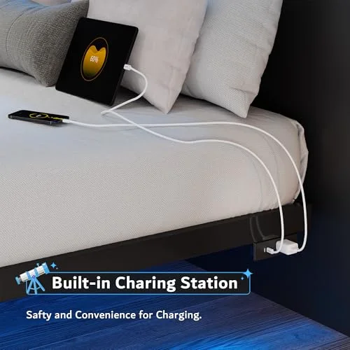 Twin Size Floating Bed Frame with Charging Station and Led Light view 4