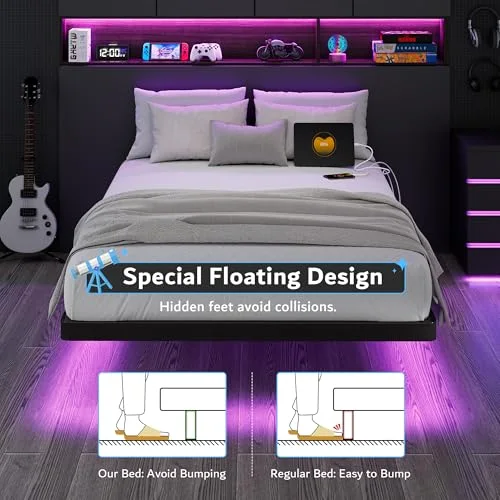 Twin Size Floating Bed Frame with Charging Station and Led Light view 5
