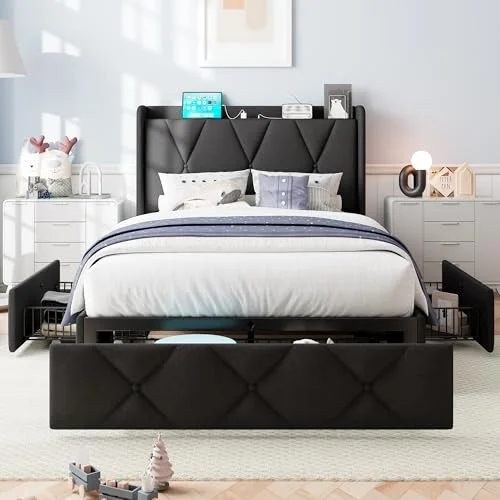 Twin Bed Frame with 3 Storage Drawers