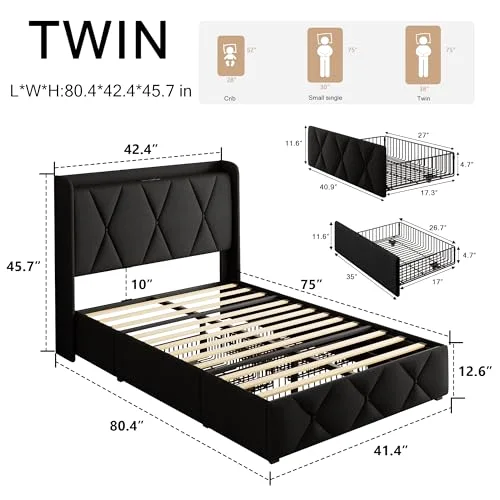 Twin Bed Frame with 3 Storage Drawers view 2