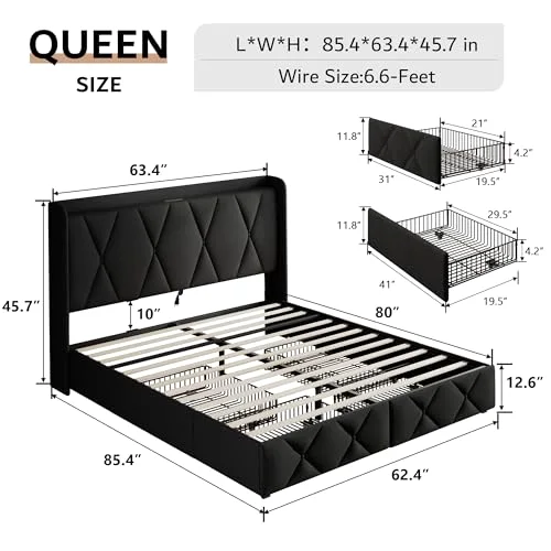 Queen Bed Frame with 4 Storage Drawers view 7