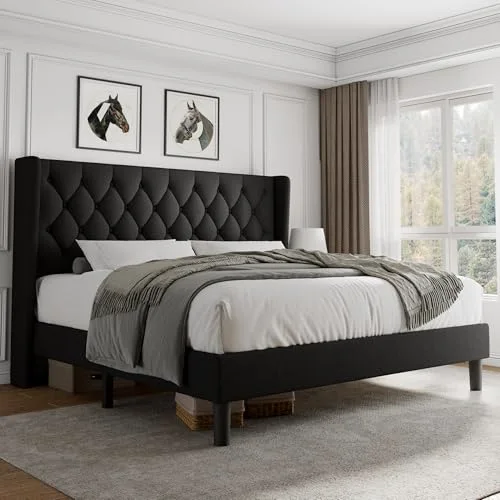 King Size Platform Bed Frame with Button Tufted Headboard