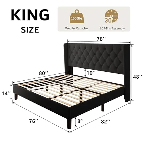 King Size Platform Bed Frame with Button Tufted Headboard view 2
