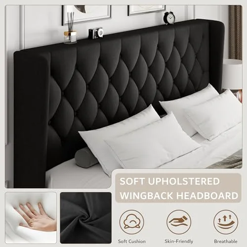 King Size Platform Bed Frame with Button Tufted Headboard view 3