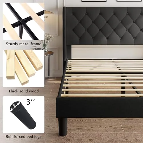 King Size Platform Bed Frame with Button Tufted Headboard view 5