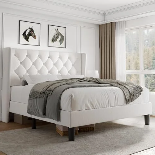 Queen Size Velvet Platform Bed Frame with Button Tufted Headboard