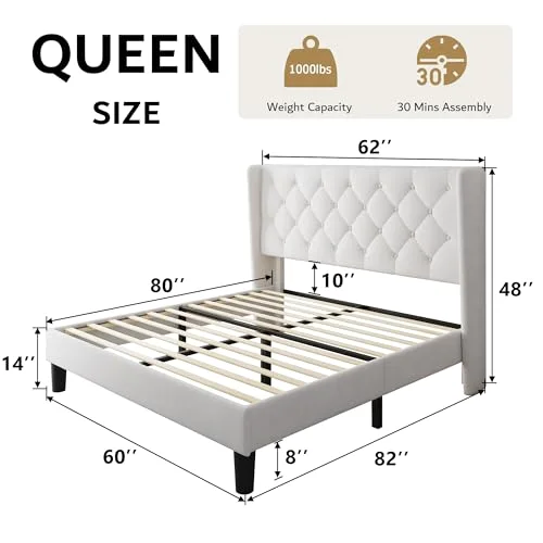 Queen Size Velvet Platform Bed Frame with Button Tufted Headboard view 2