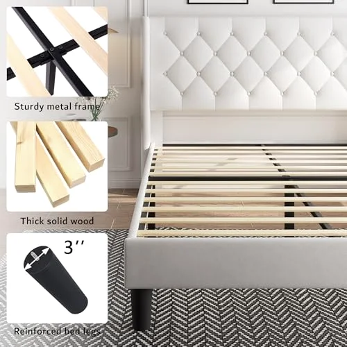 Queen Size Velvet Platform Bed Frame with Button Tufted Headboard view 5