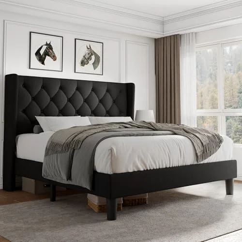 Full Size Platform Bed Frame with Button Tufted Headboard