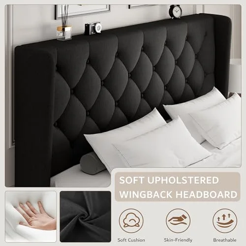 Full Size Platform Bed Frame with Button Tufted Headboard view 3