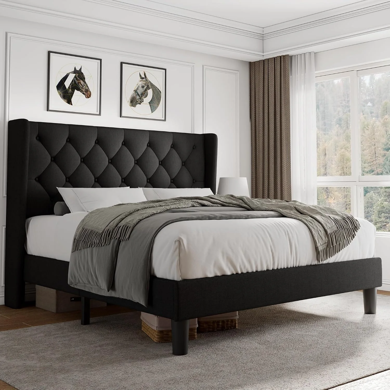 Queen Size Platform Bed Frame with Button Tufted Headboard