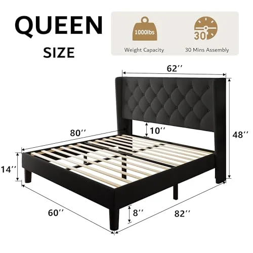 Queen Size Platform Bed Frame with Button Tufted Headboard view 2