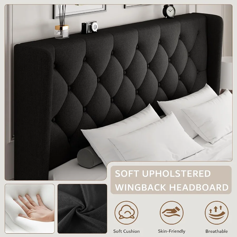 Queen Size Platform Bed Frame with Button Tufted Headboard view 3