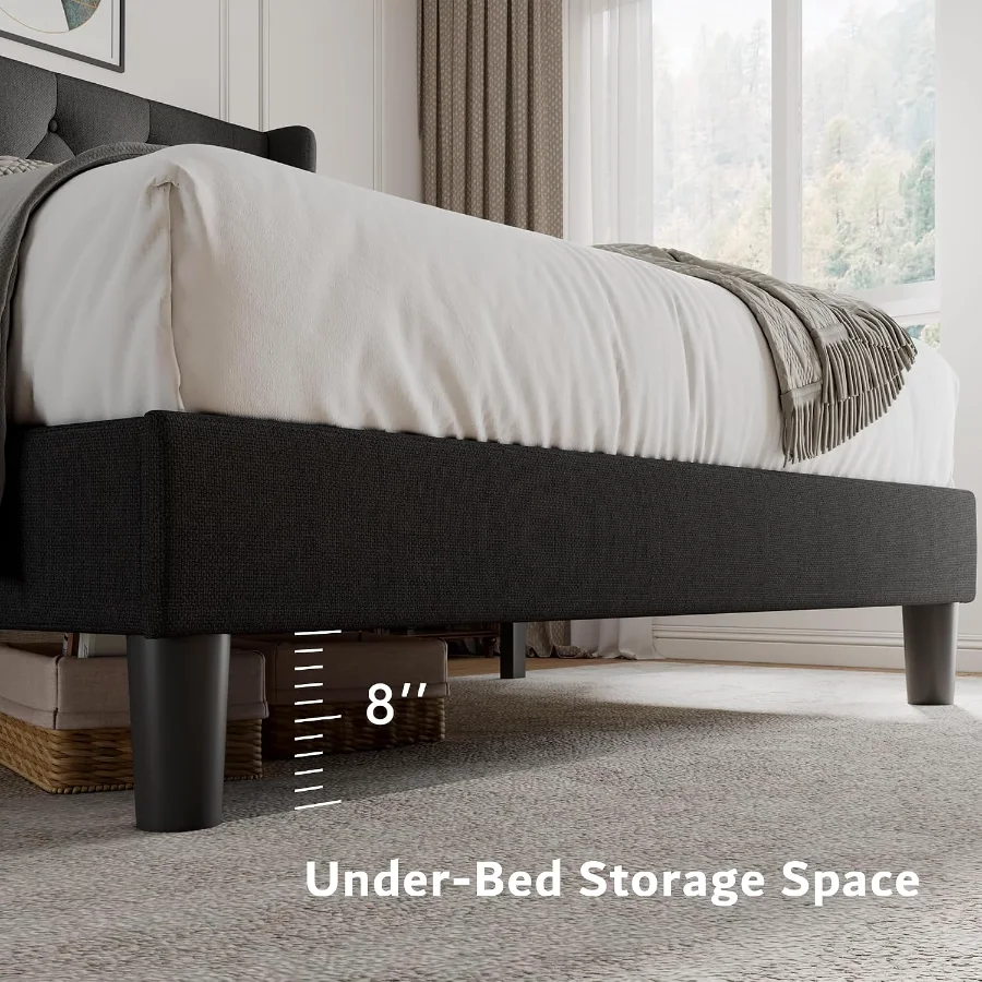 Queen Size Platform Bed Frame with Button Tufted Headboard view 4