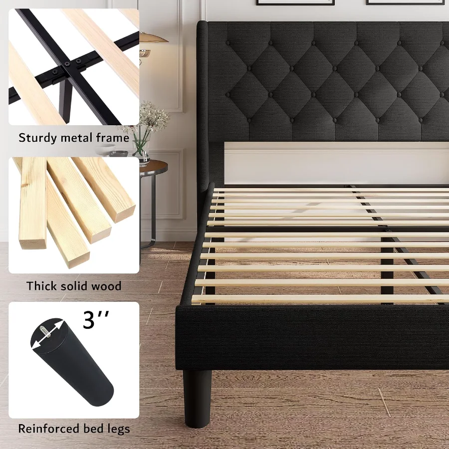Queen Size Platform Bed Frame with Button Tufted Headboard view 5