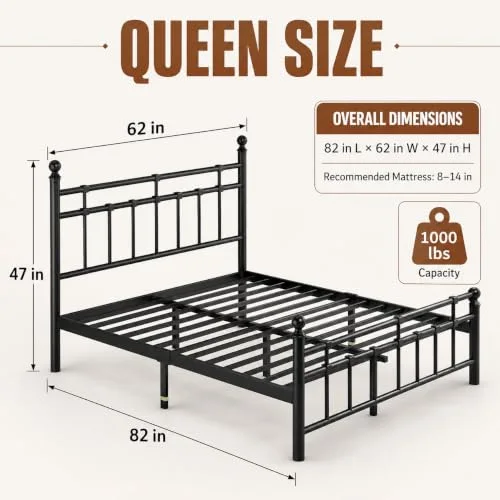 Metal Bed Frame Queen Size with Vintage Headboard and Footboard view 2
