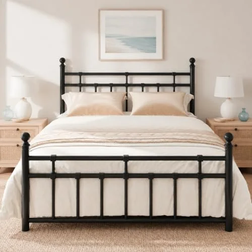 Metal Bed Frame Queen Size with Vintage Headboard and Footboard view 3