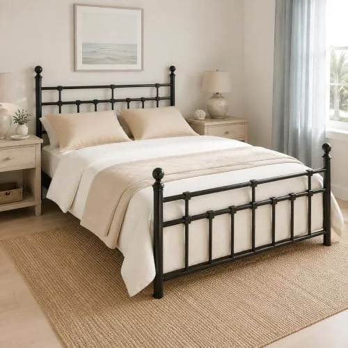 Metal Bed Frame Queen Size with Vintage Headboard and Footboard view 4