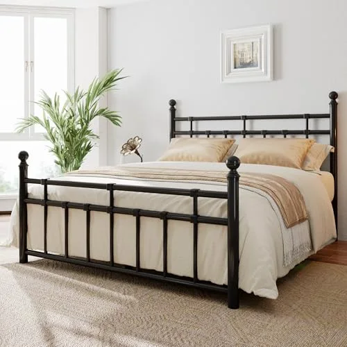 Full Size Metal Platform Bed Frame with Vintage Headboard and Footboard