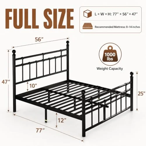 Full Size Metal Platform Bed Frame with Vintage Headboard and Footboard view 2