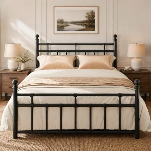 Full Size Metal Platform Bed Frame with Vintage Headboard and Footboard view 3