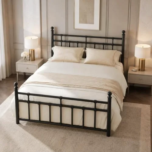 Full Size Metal Platform Bed Frame with Vintage Headboard and Footboard view 4