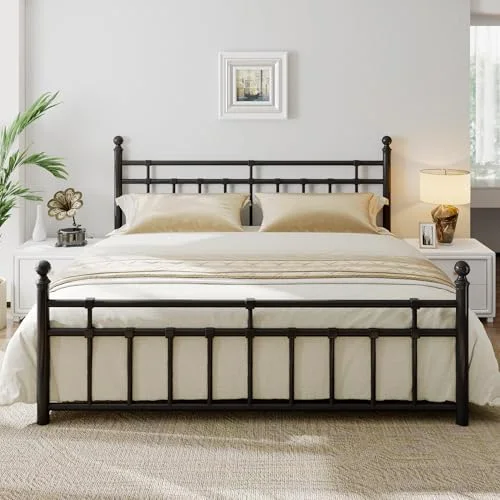 King Metal Bed Frame with Vintage Headboard and Footboard
