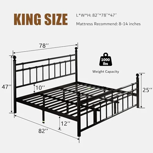 King Metal Bed Frame with Vintage Headboard and Footboard view 2