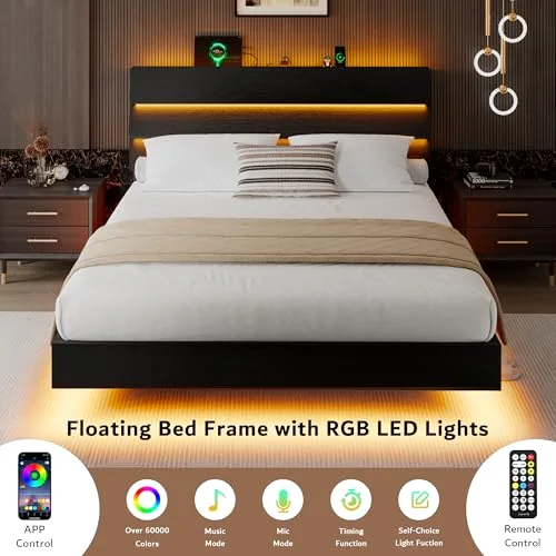 Floating Full Size Bed Frame with LED Lights & Charging Station view 3