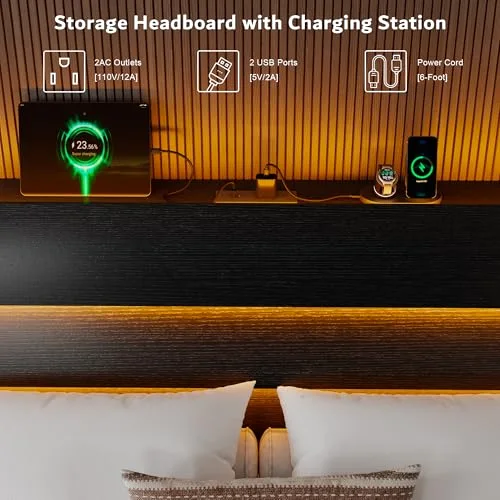 Floating Full Size Bed Frame with LED Lights & Charging Station view 4
