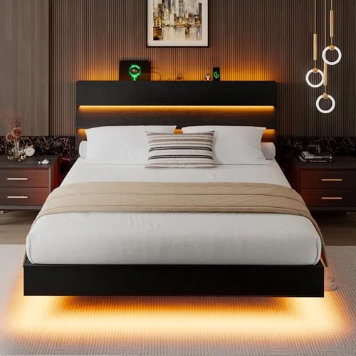 Queen Floating Bed Frame with LED Lights & Charging Station