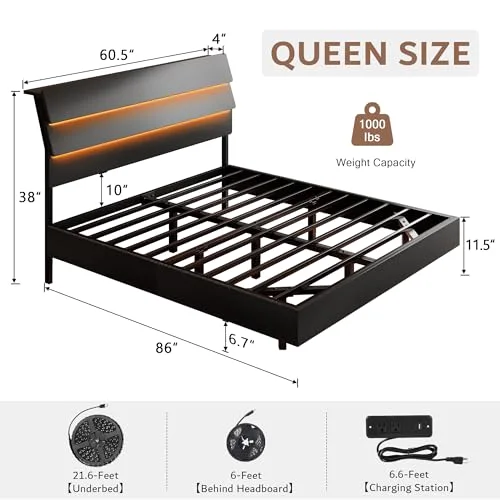 Queen Floating Bed Frame with LED Lights & Charging Station view 2
