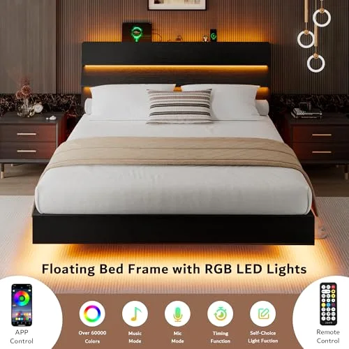 Queen Floating Bed Frame with LED Lights & Charging Station view 3