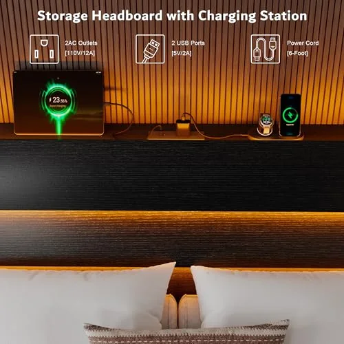 Queen Floating Bed Frame with LED Lights & Charging Station view 4