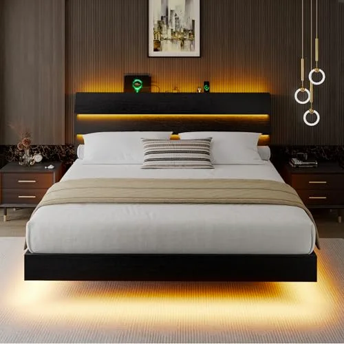 King Size Floating Bed Frame with LED Lights & Charging Station