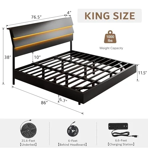 King Size Floating Bed Frame with LED Lights & Charging Station view 2