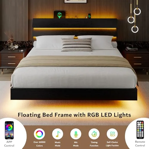 King Size Floating Bed Frame with LED Lights & Charging Station view 3
