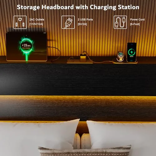 King Size Floating Bed Frame with LED Lights & Charging Station view 4
