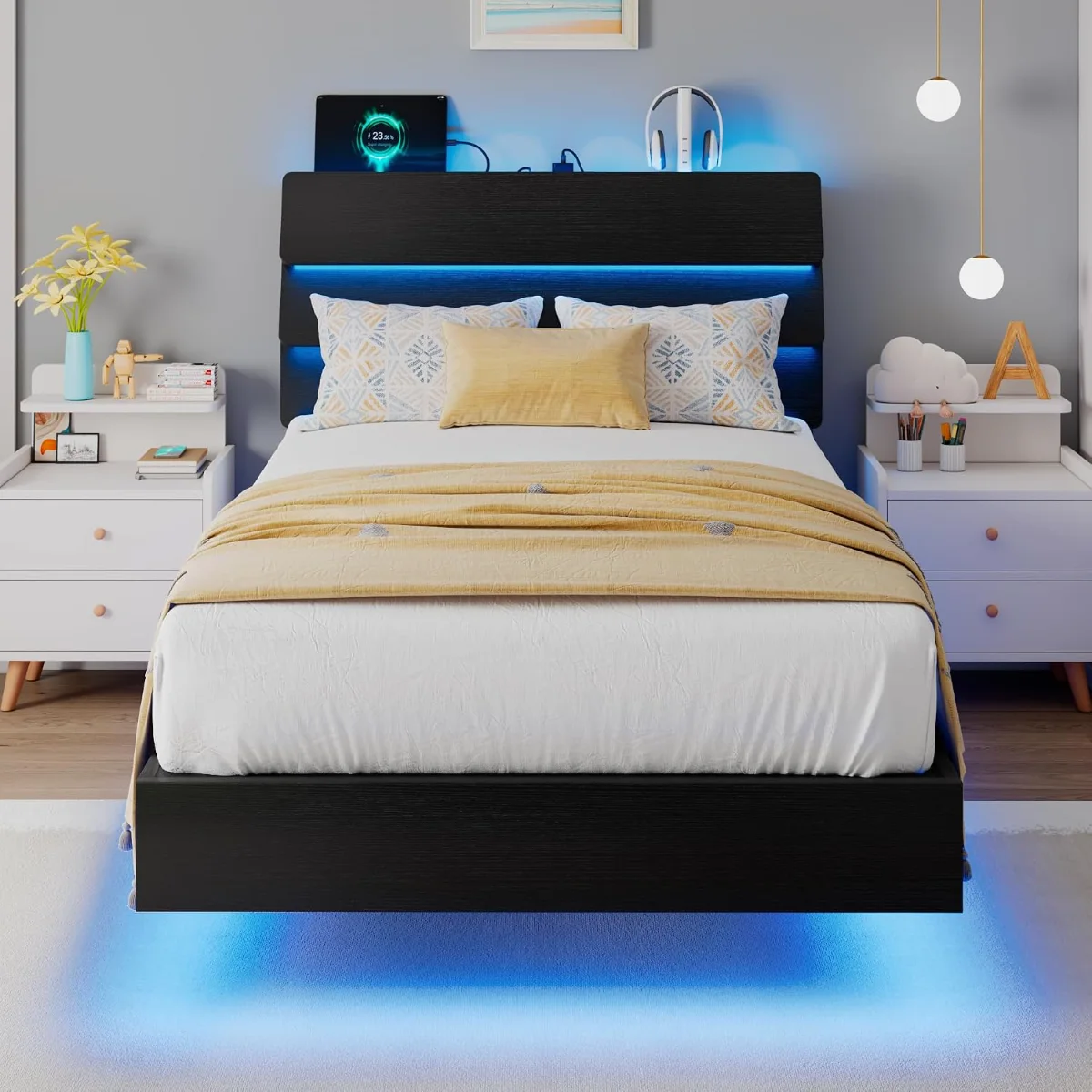 Floating Twin Size Bed Frame with LED Lights & Charging Station