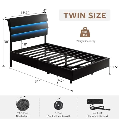 Floating Twin Size Bed Frame with LED Lights & Charging Station view 2