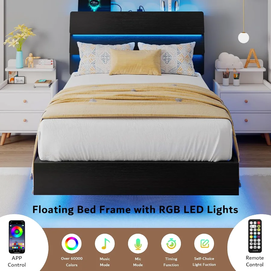 Floating Twin Size Bed Frame with LED Lights & Charging Station view 3