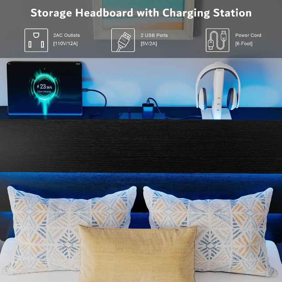 Floating Twin Size Bed Frame with LED Lights & Charging Station view 4