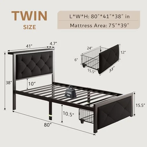 Twin Bed Frame for Kids with Storage Drawers view 2