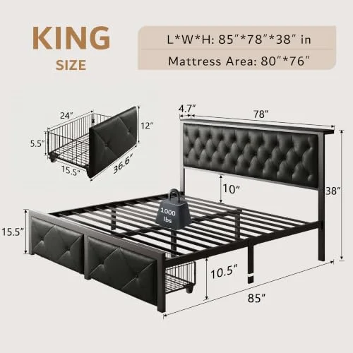 King Bed Frame with 2 Storage Drawers view 7