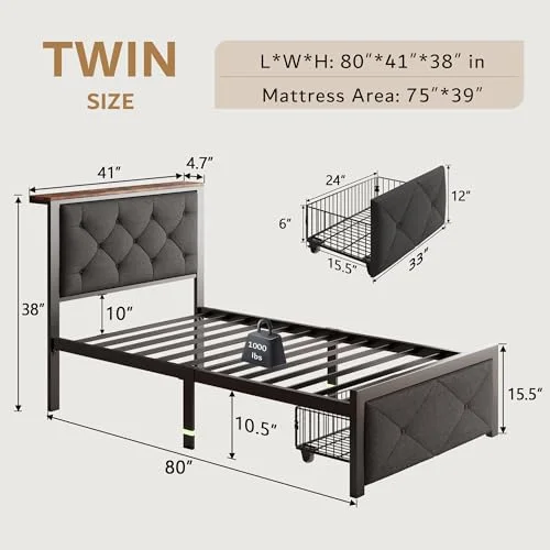 Twin Bed Frame for Kids with Storage Drawers view 7