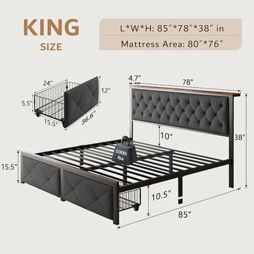 King Bed Frame with 2 Storage Drawers view 2