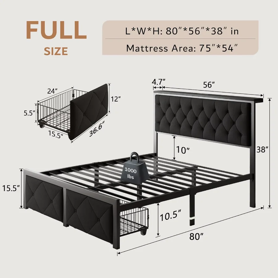 Full Bed Frame with 2 Storage Drawers view 2