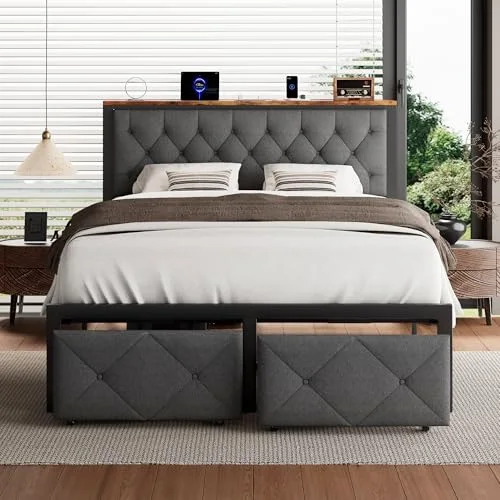 Queen Bed Frame with 2 Storage Drawers