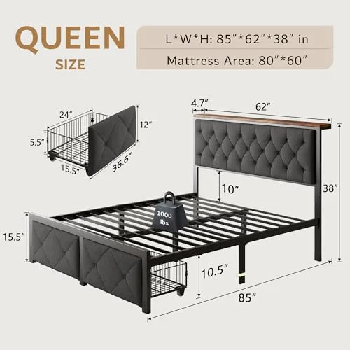 Queen Bed Frame with 2 Storage Drawers view 2